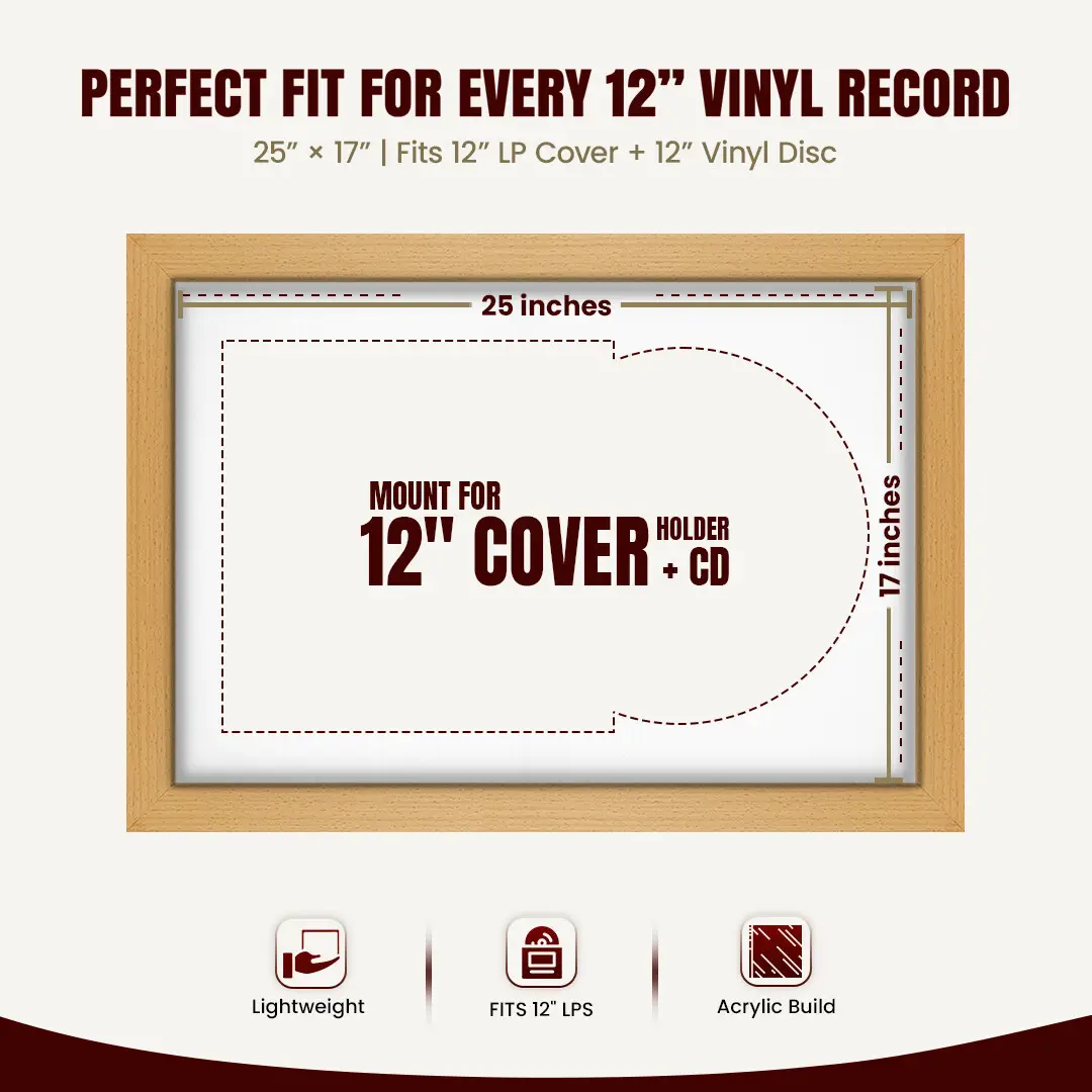 25x17" Modern Country Pine Vinyl Record Frame For LP Cover & Disc With Ice White Mount | Overlapped Display thumbnail 3