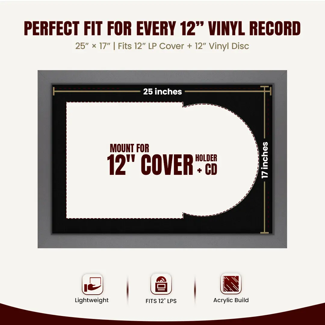 25x17" Modern Dark Grey Vinyl Record Frame For 12 Inch LP Cover & Disc With Black Mount | Overlapped Vinyl Display thumbnail 3