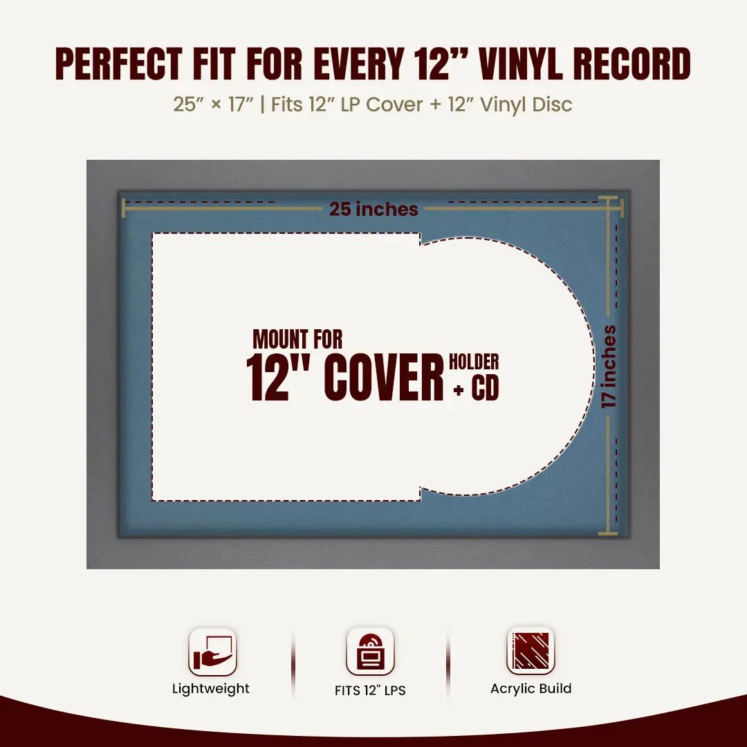 25x17" Modern Dark Grey Vinyl Record Frame For LP Cover & Disc With Pompador Mount | Overlapped Display thumbnail 3