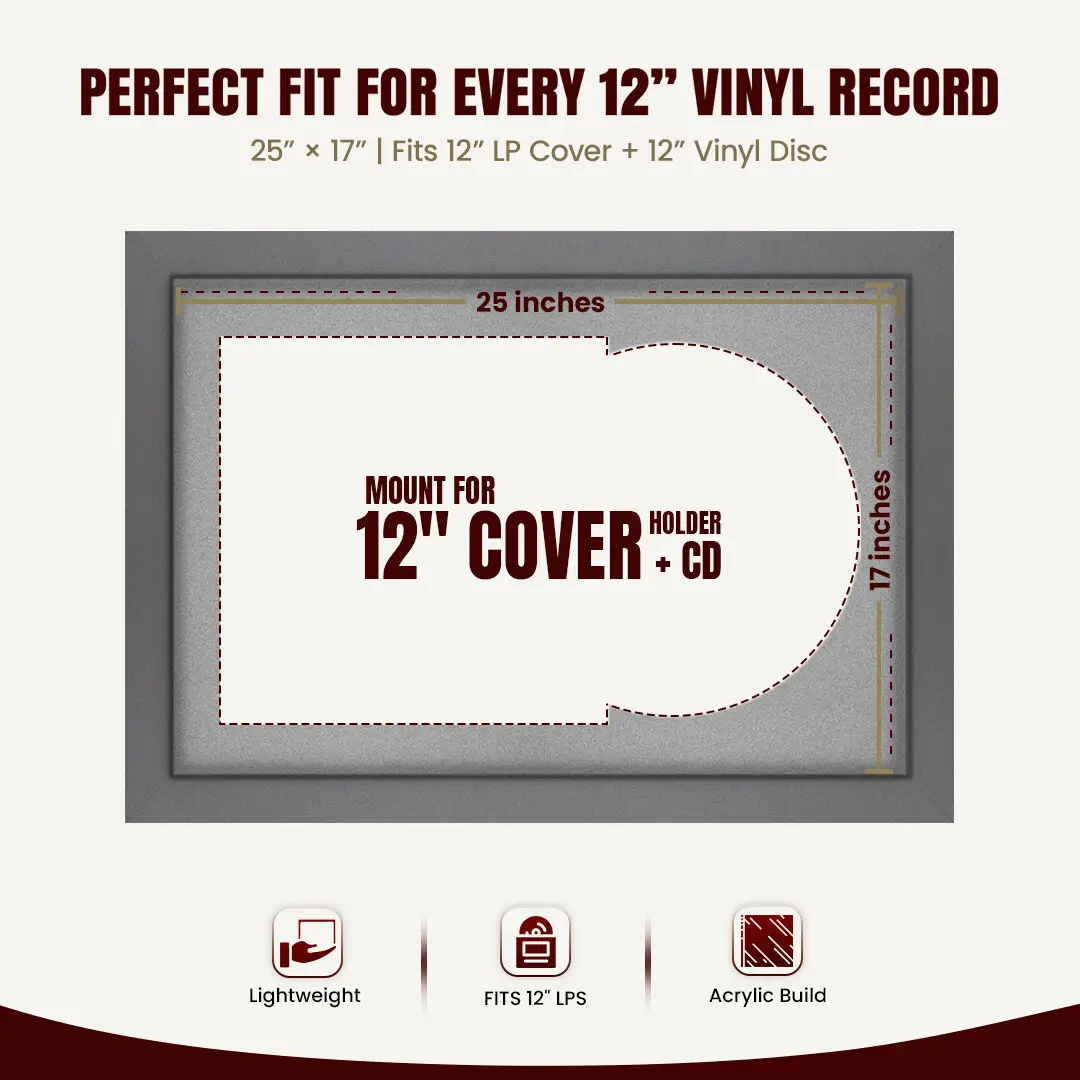 25x17" Modern Dark Grey Vinyl Record Frame For 12 Inch LP Cover & Disc With Silver Mount | Overlapped Vinyl Display thumbnail 3