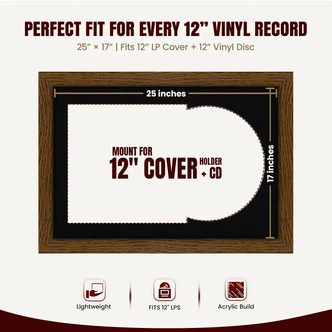 25x17" Modern Dark Oak Vinyl Record Frame For 12 Inch LP Cover & Disc (Overlapped) With Black Mount | Elegant Music Display thumbnail 3