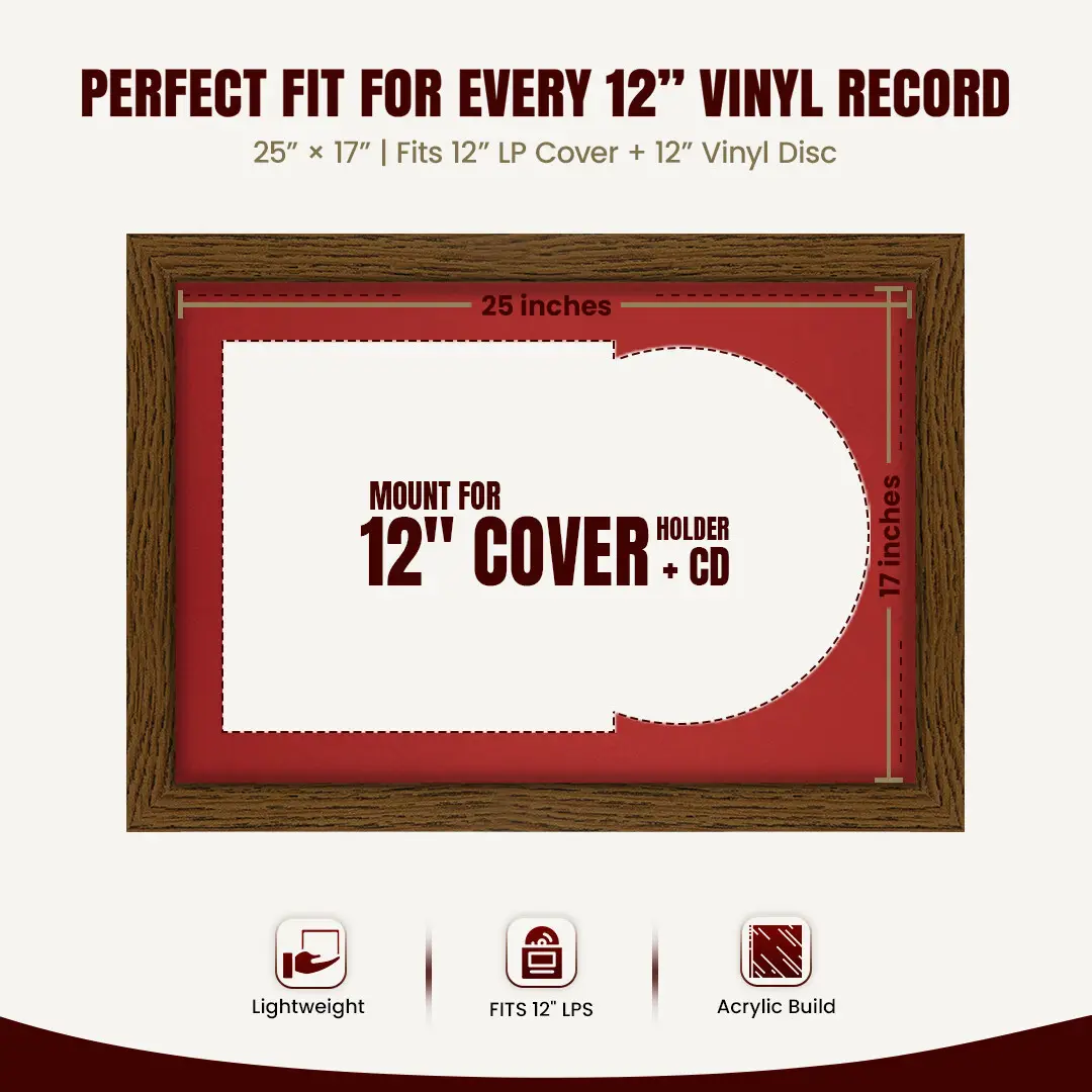 25x17" Modern Dark Oak Vinyl Record Frame For LP Cover & Disc With Crimson Mount | Overlapped Display thumbnail 3