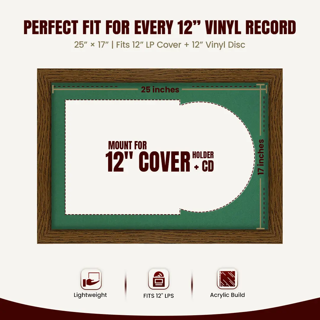 25x17" Modern Dark Oak Vinyl Record Frame For 12 Inch LP Cover & Disc With Emerald (Green) Mount | Overlapped Vinyl Display thumbnail 3