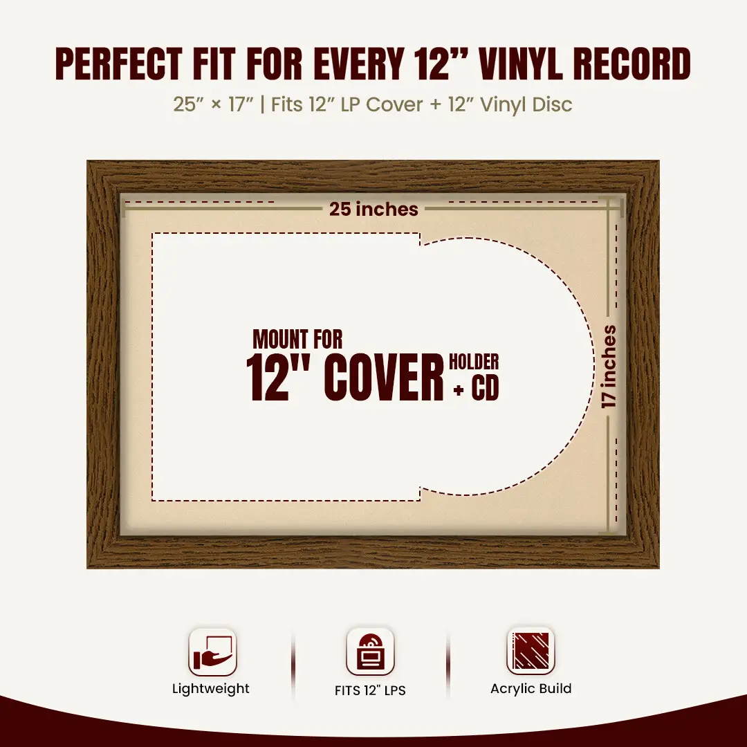 25x17" Modern Dark Oak Vinyl Record Frame For 12 Inch LP Cover & Disc (Overlapped) With Ivory Mount | Elegant Music Display thumbnail 3
