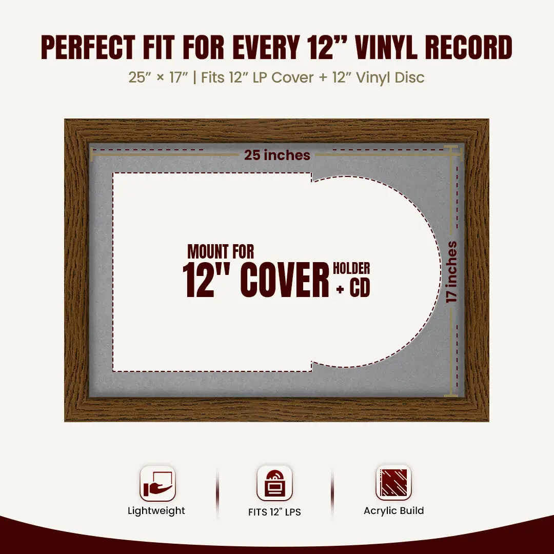 25x17" Modern Dark Oak Vinyl Record Frame For LP Cover & Disc With Mid Grey Mount | Overlapped Display thumbnail 3
