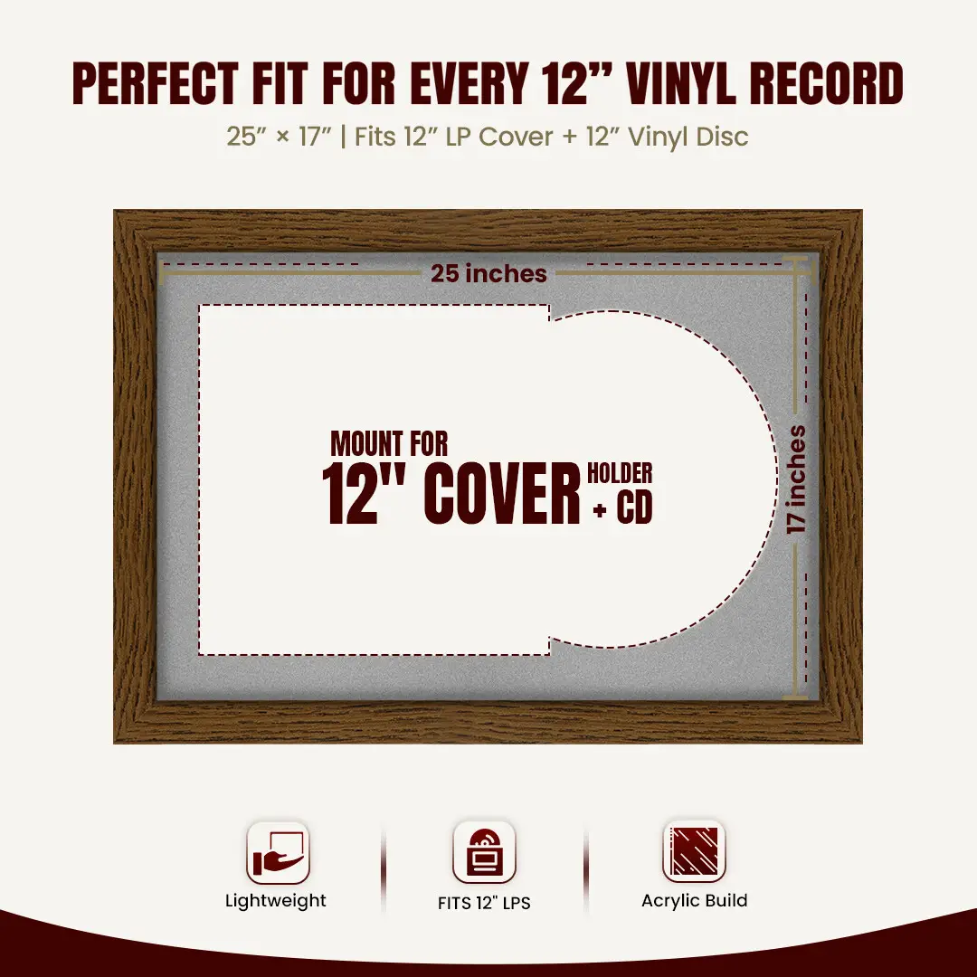 25x17" Modern Dark Oak Vinyl Record Frame For 12 Inch LP Cover & Disc (Overlapped) With Silver Mount | Elegant Music Display thumbnail 3