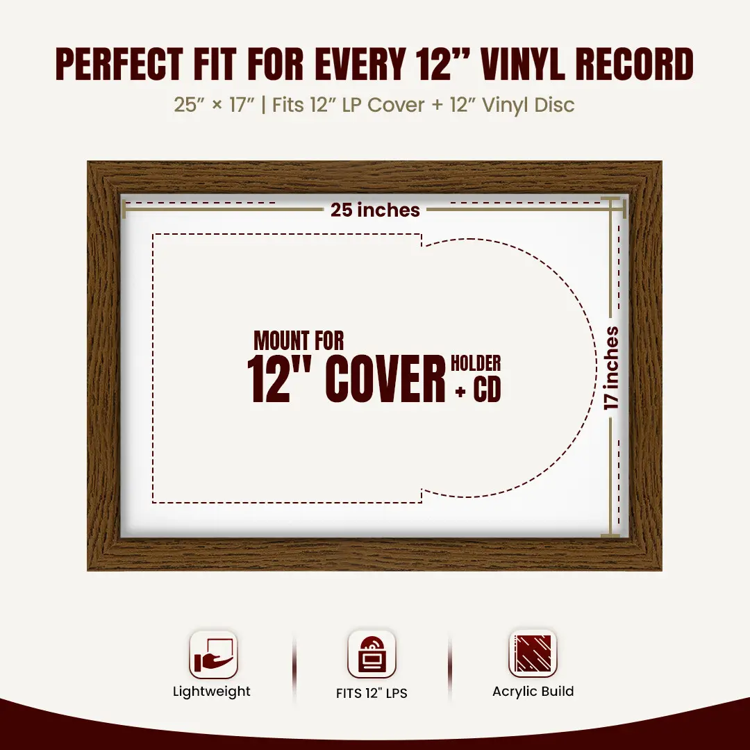 25x17" Modern Dark Oak Vinyl Record Frame For 12 Inch LP Cover & Disc (Overlapped) With Ice White Mount | Elegant Music Display thumbnail 3