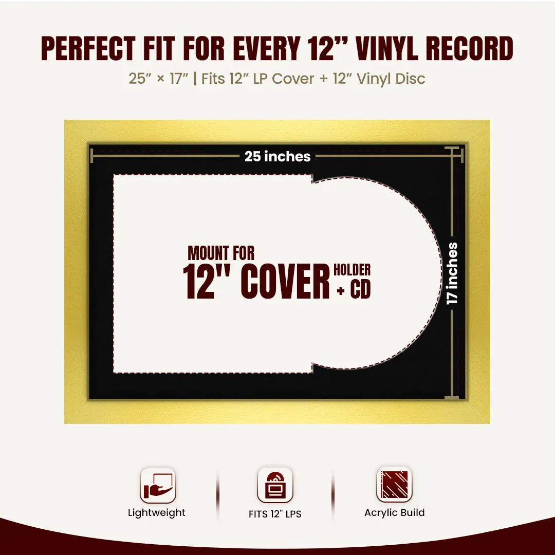 25x17" Modern Gold Vinyl Record Frame For 12 Inch LP Cover & Disc (Overlapped) With Black Mount | Elegant Music Display thumbnail 3