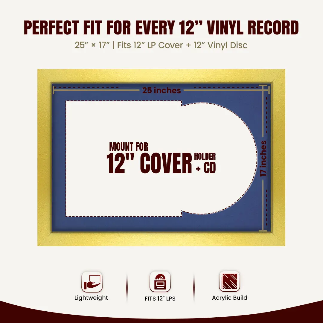25x17" Modern Gold Vinyl Record Frame For 12 Inch LP Cover & Disc (Overlapped) With Blue Mount | Elegant Music Display thumbnail 3
