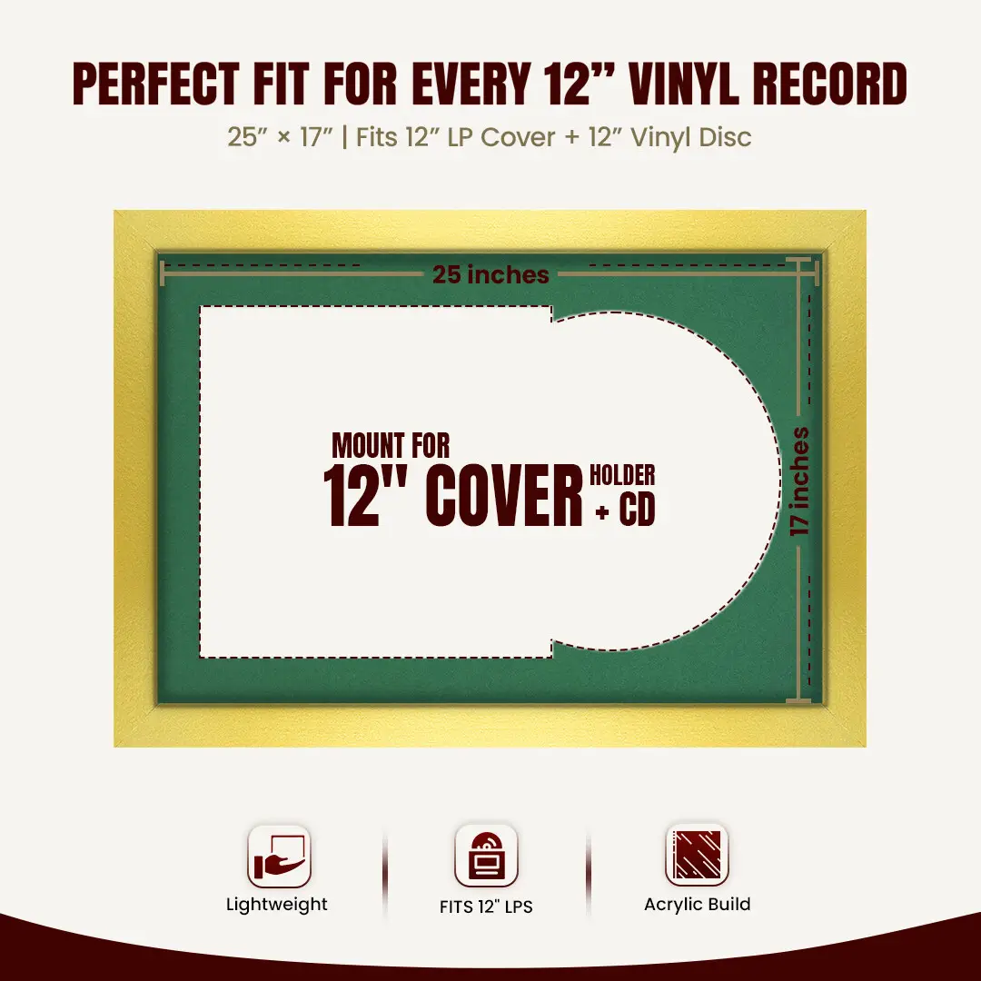 25x17" Modern Gold Vinyl Record Frame For 12 Inch LP Cover & Disc (Overlapped) With Emerald (Green) Mount | Elegant Music Display thumbnail 3