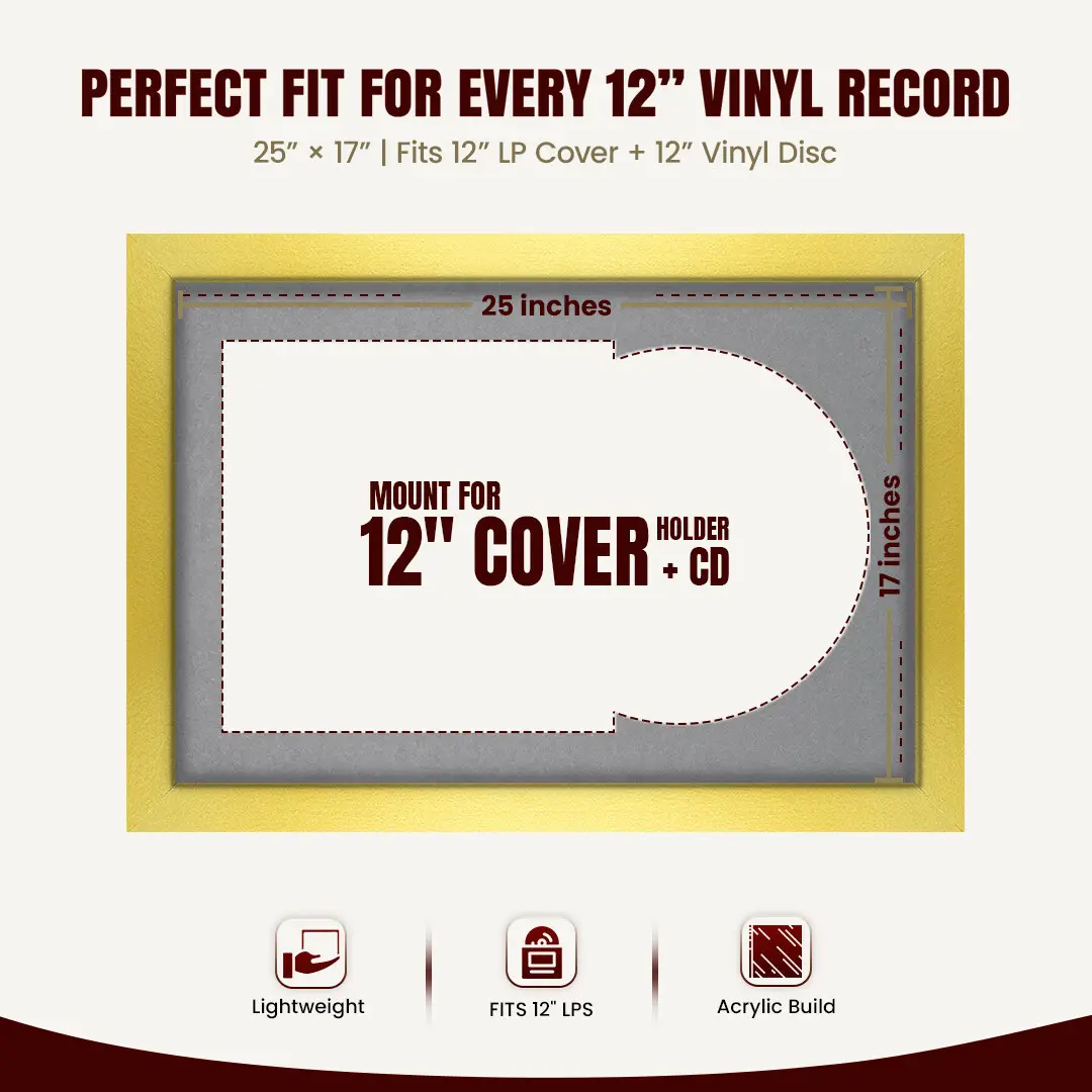 25x17" Modern Gold Vinyl Record Frame For 12 Inch LP Cover & Disc With Mid Grey Mount | Overlapped Vinyl Display thumbnail 3
