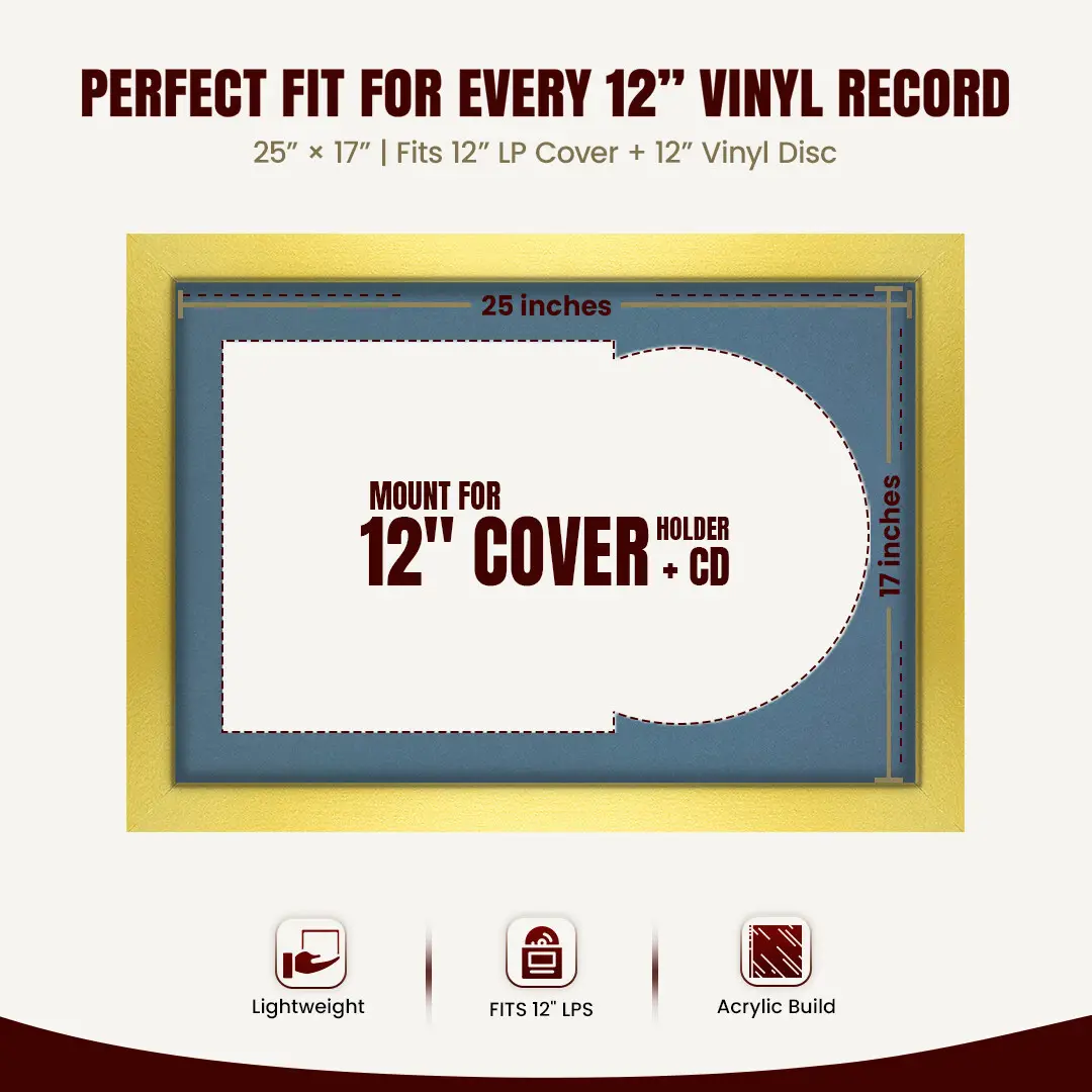 25x17" Modern Gold Vinyl Record Frame For LP Cover & Disc With Poppy Red Mount | Overlapped Display thumbnail 3