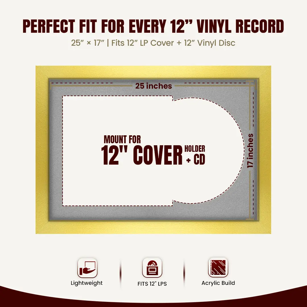 25x17" Modern Gold Vinyl Record Frame For 12 Inch LP Cover & Disc (Overlapped) With Silver Mount | Elegant Music Display thumbnail 3