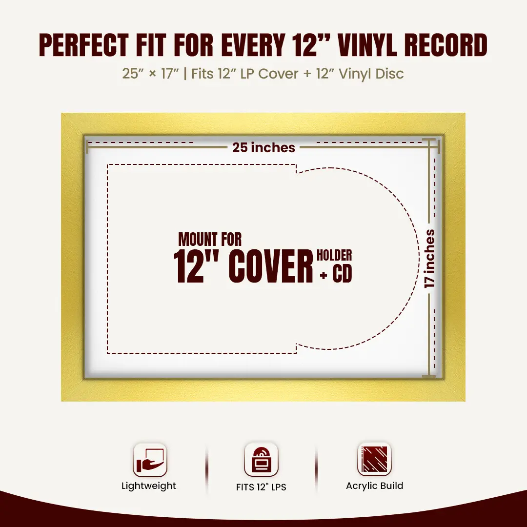 25x17" Modern Gold Vinyl Record Frame For 12 Inch LP Cover & Disc With Ice White Mount | Overlapped Vinyl Display thumbnail 3