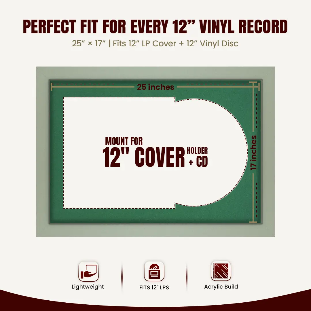 25x17" Modern Green Vinyl Record Frame For 12 Inch LP Cover & Disc (Overlapped) With Emerald (Green) Mount | Elegant Music Display thumbnail 3