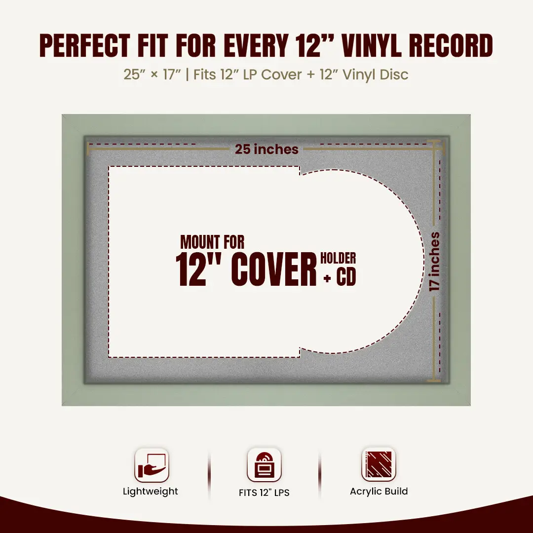25x17" Modern Green Vinyl Record Frame For 12 Inch LP Cover & Disc With Silver Mount | Overlapped Vinyl Display thumbnail 3