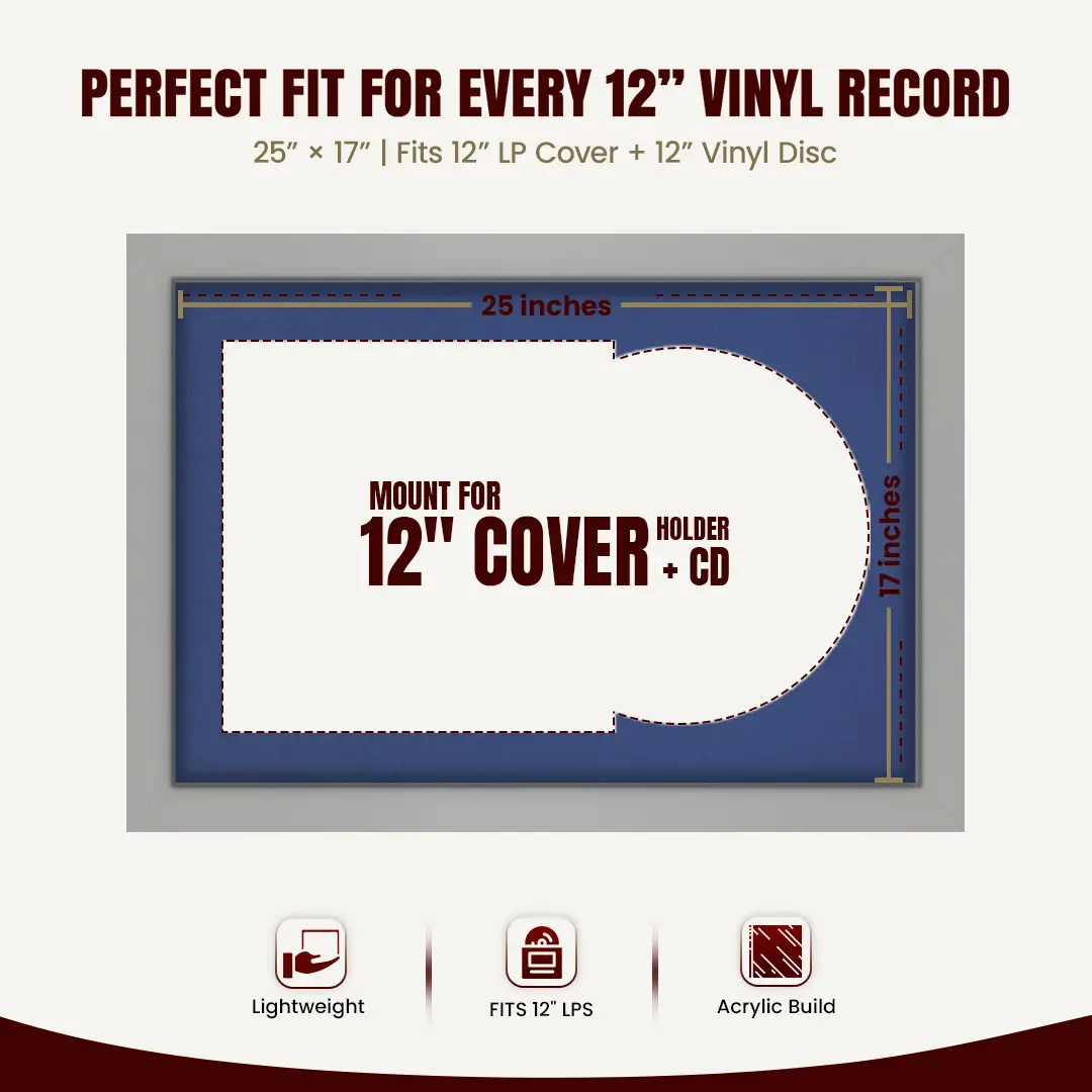 25x17" Modern Light Grey Vinyl Record Frame For 12 Inch LP Cover & Disc (Overlapped) With Blue Mount | Elegant Music Display thumbnail 3