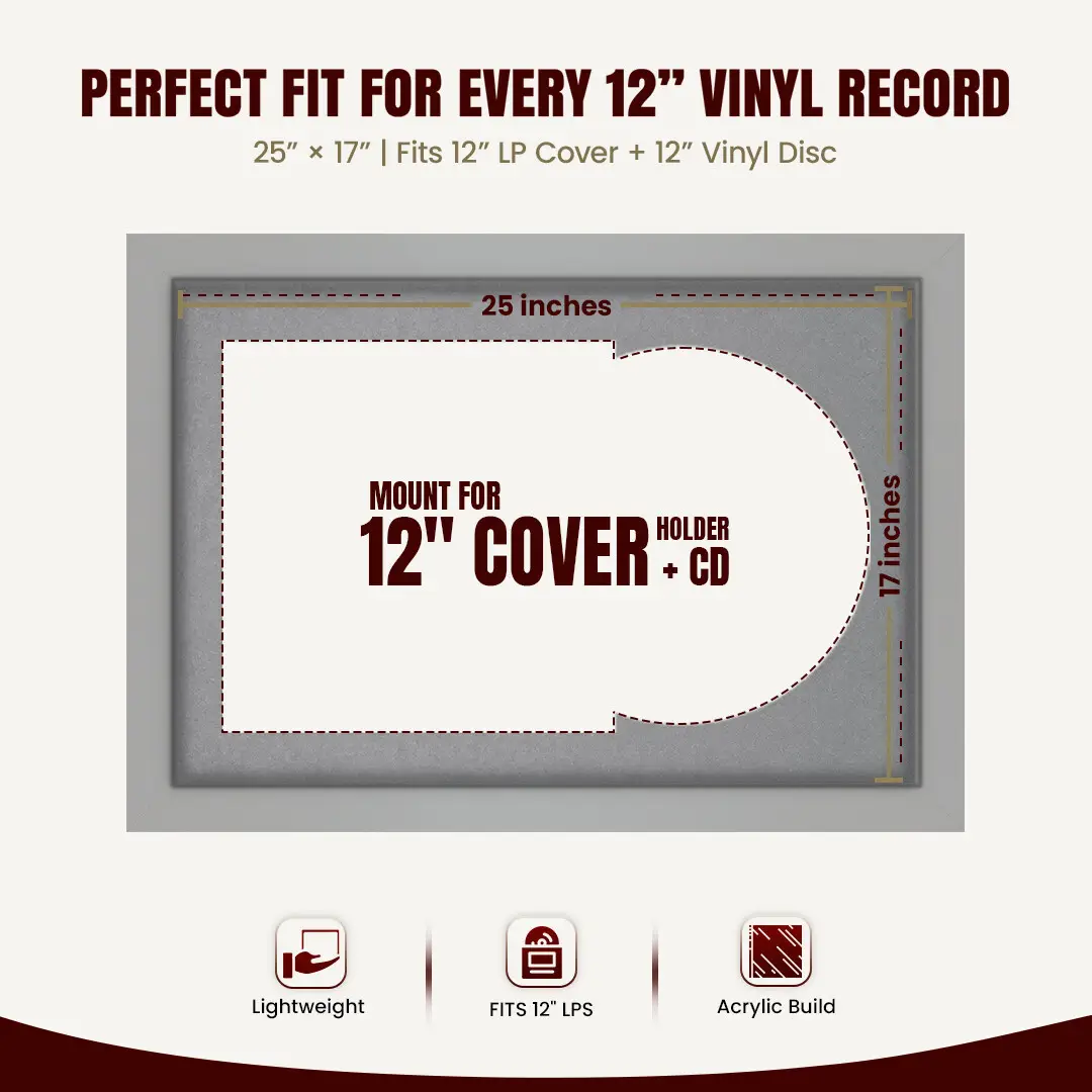 25x17" Modern Light Grey Vinyl Record Frame For LP Cover & Disc With Mid Grey Mount | Overlapped Display thumbnail 3
