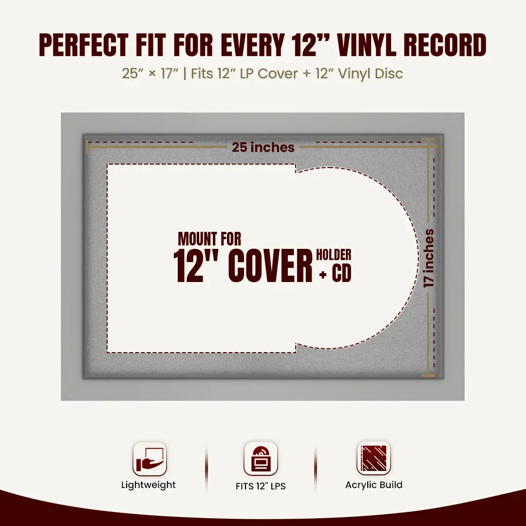 25x17" Modern Light Grey Vinyl Record Frame For 12 Inch LP Cover & Disc (Overlapped) With Silver Mount | Elegant Music Display thumbnail 3