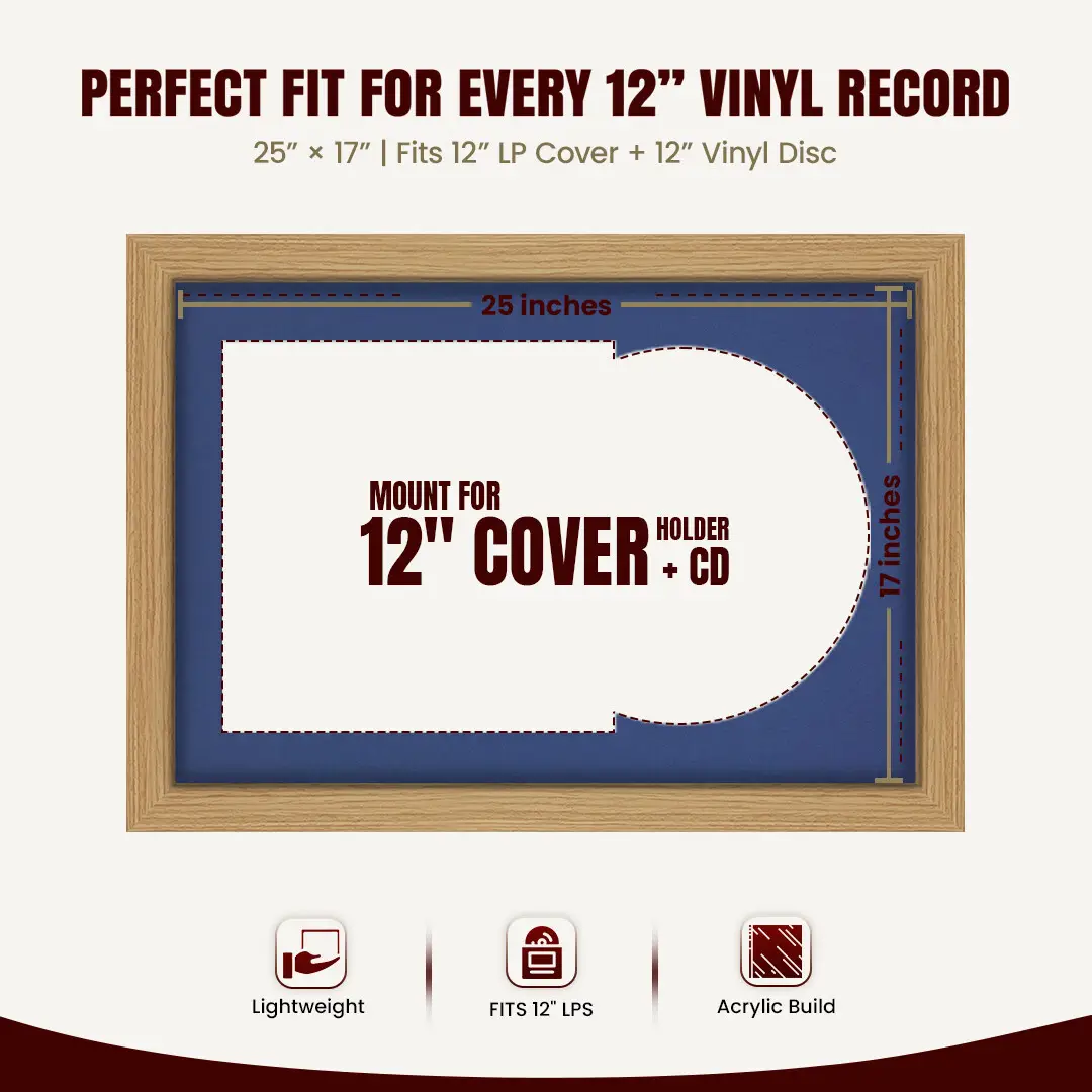 25x17" Modern Light Oak Vinyl Record Frame For LP Cover & Disc With Blue Mount | Overlapped Display thumbnail 3