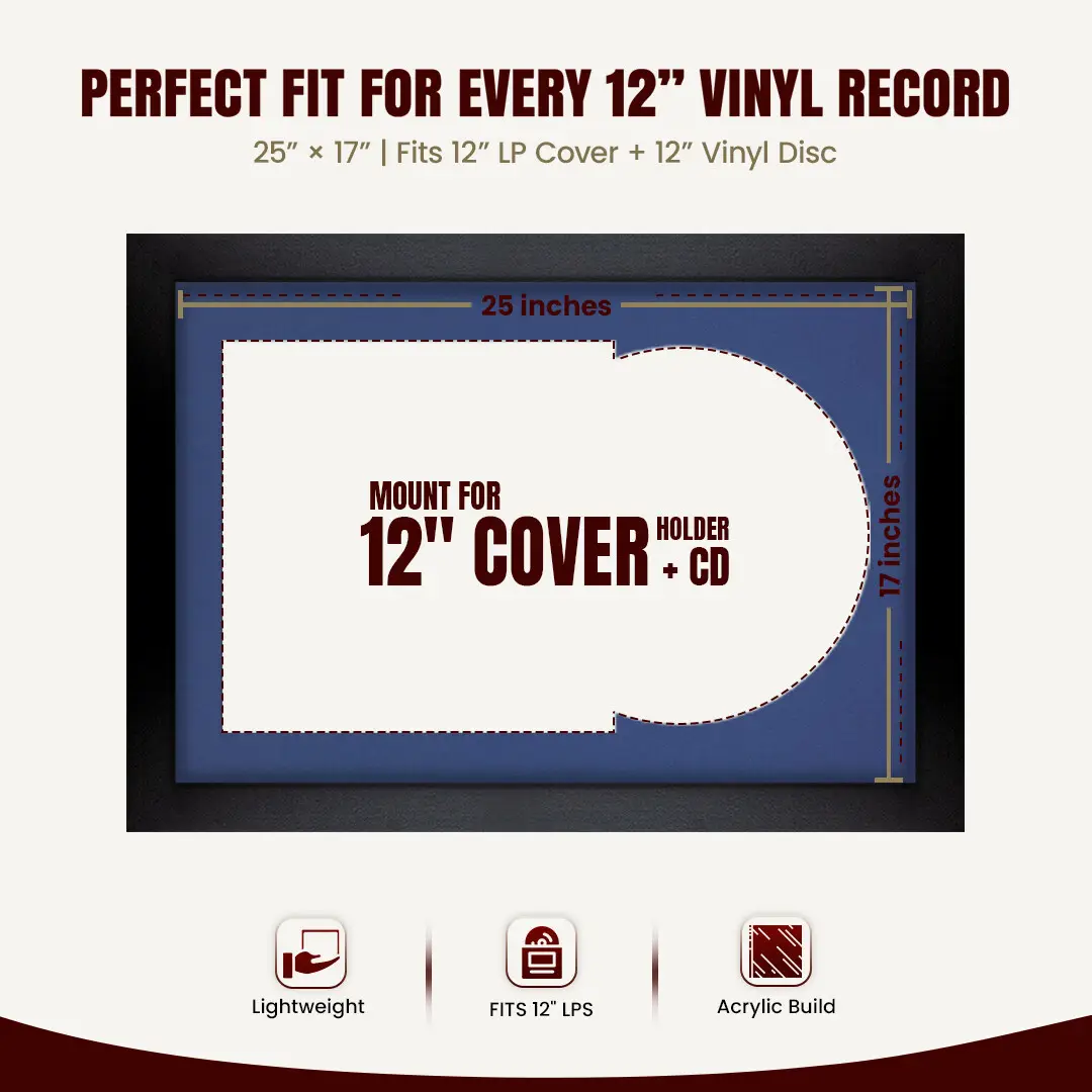 25x17" Modern Matte Black Vinyl Record Frame For LP Cover & Disc With Blue Mount | Overlapped Display thumbnail 3