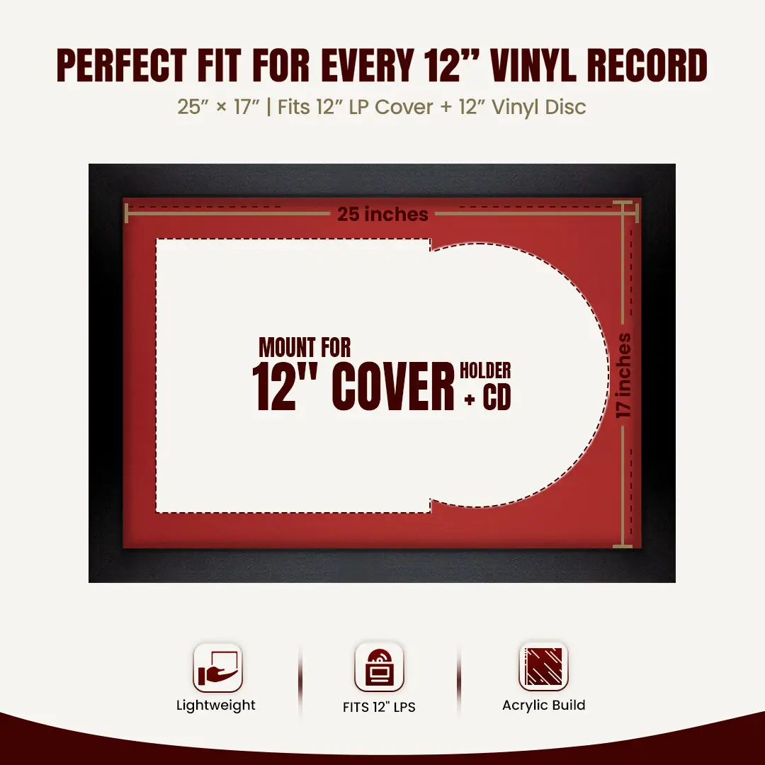 25x17" Modern Mat Black Vinyl Record Frame For LP Cover & Disc With Crimson Mount | Overlapped Display thumbnail 3