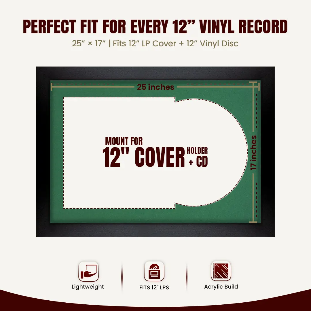 25x17" Modern Matte Black Vinyl Record Frame For 12 Inch LP Cover & Disc (Overlapped) With Emerald (Green) Mount | Elegant Music Display thumbnail 3