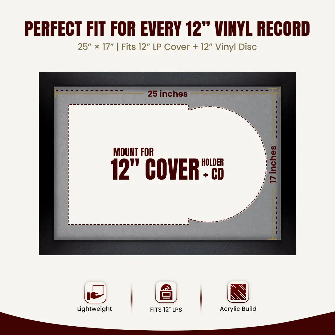 25x17" Modern Matte Black Vinyl Record Frame For 12 Inch LP Cover & Disc With Mid Grey Mount | Overlapped Vinyl Display thumbnail 3