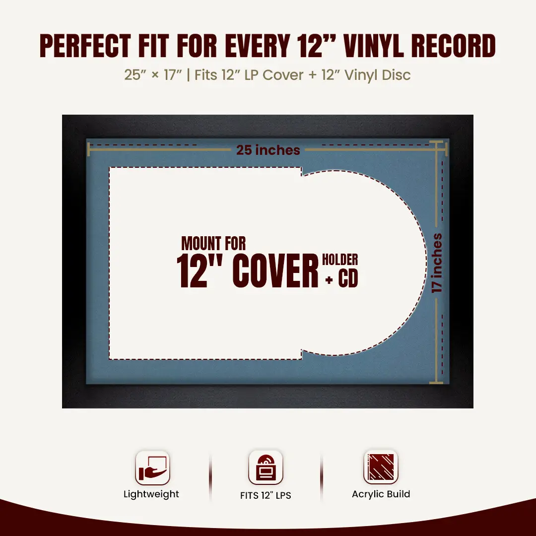 25x17" Modern Matte Black Vinyl Record Frame For 12 Inch LP Cover & Disc With Pompador Mount | Overlapped Vinyl Display thumbnail 3