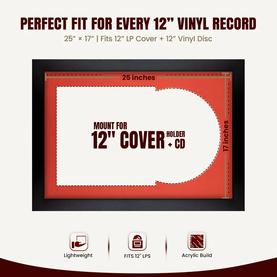 25x17" Modern Matte Black Vinyl Record Frame For 12 Inch LP Cover & Disc With Poppy Red Mount | Overlapped Vinyl Display thumbnail 3