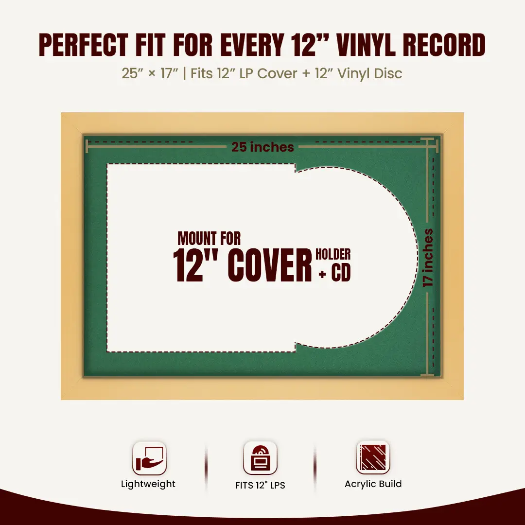 25x17" Modern Mustard Yellow Vinyl Record Frame For LP Cover & Disc With Emerald (Green) Mount | Overlapped Display thumbnail 3