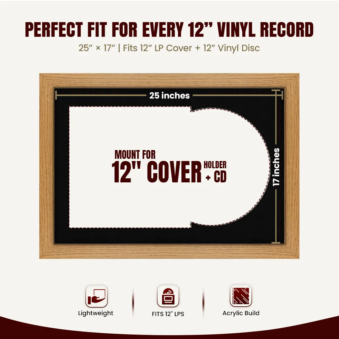 25x17" Modern Oak Vinyl Record Frame For 12 Inch LP Cover & Disc (Overlapped) With Black Mount | Elegant Music Display thumbnail 3