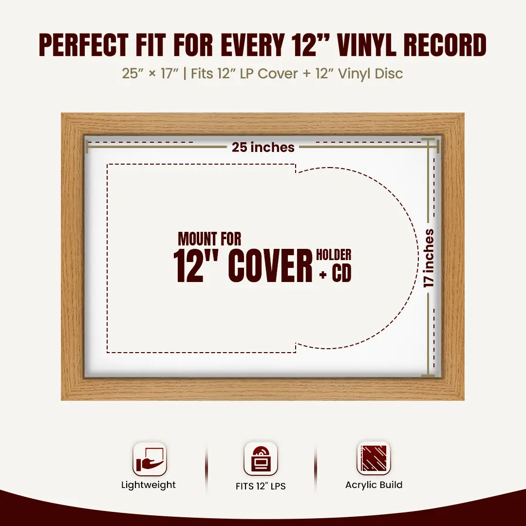 25x17" Modern Oak Vinyl Record Frame For 12 Inch LP Cover & Disc (Overlapped) With Ice White Mount | Elegant Music Display thumbnail 3