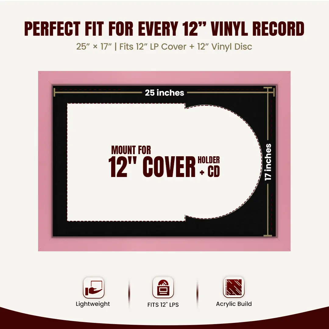 25x17" Modern Pastel Pink Vinyl Record Frame For 12 Inch LP Cover & Disc With Black Mount | Overlapped Vinyl Display thumbnail 3