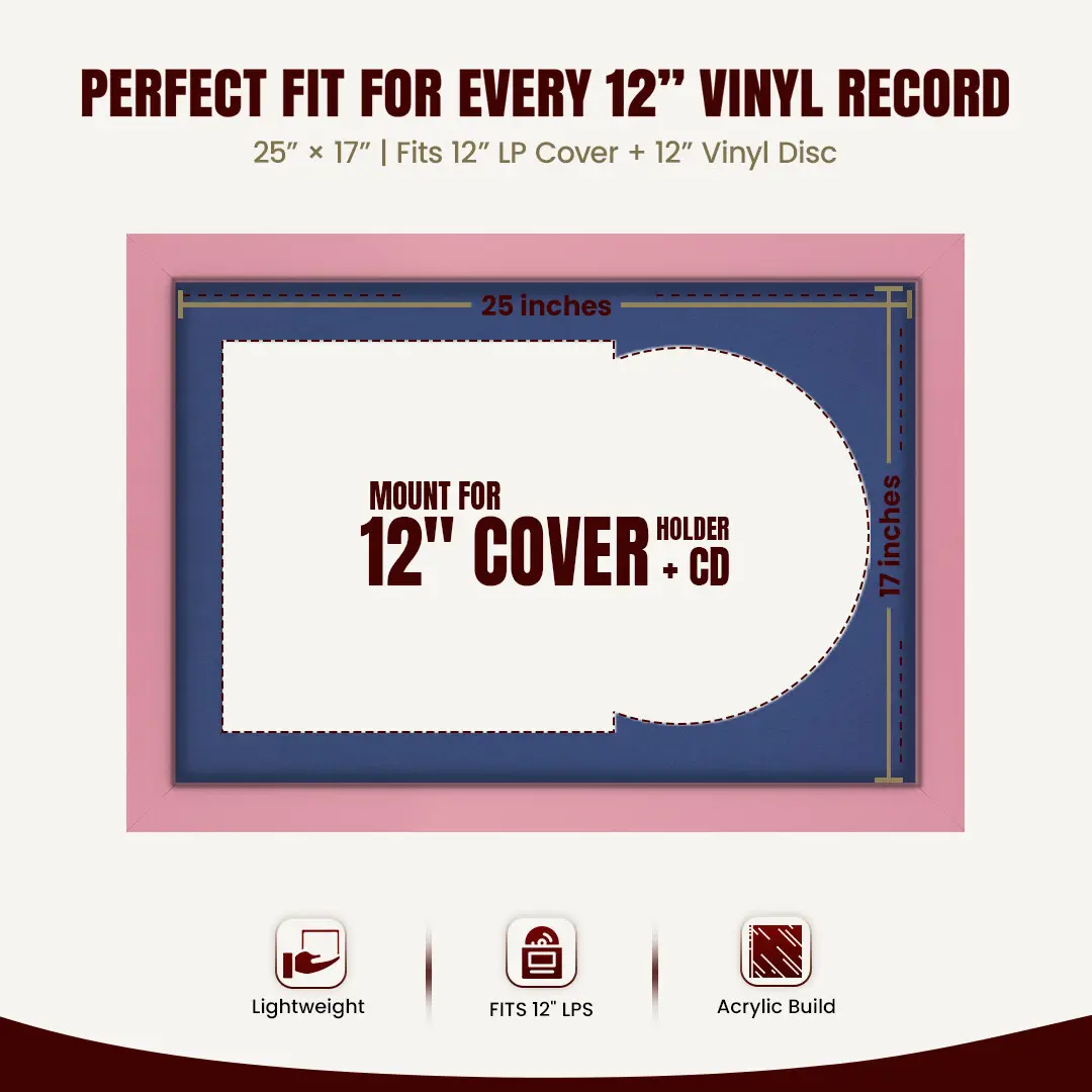 25x17" Modern Pastel Pink Vinyl Record Frame For 12 Inch LP Cover & Disc (Overlapped) With Blue Mount | Elegant Music Display thumbnail 3