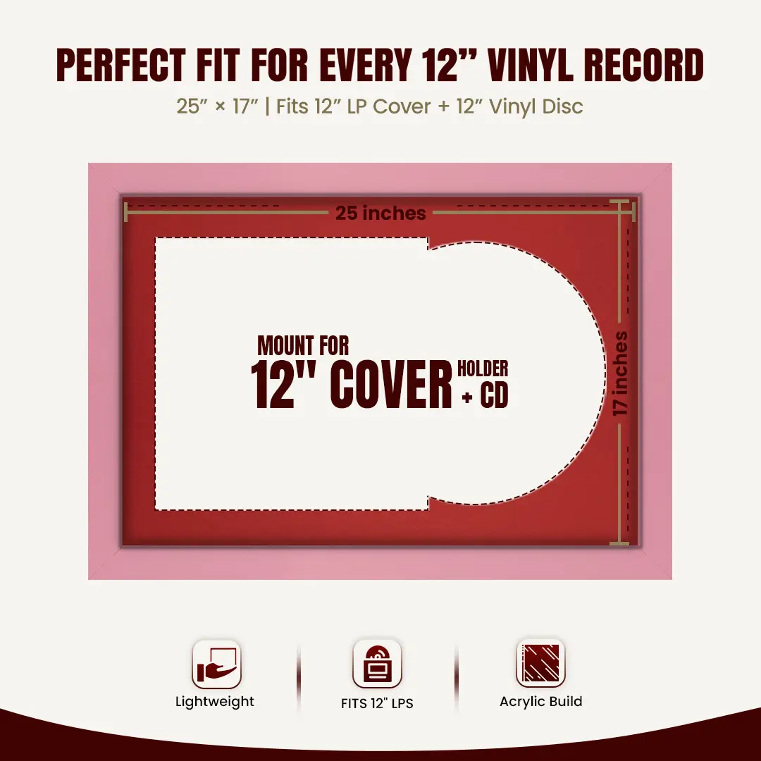 25x17" Modern Pastel Pink Vinyl Record Frame For 12 Inch LP Cover & Disc With Crimson Mount | Overlapped Vinyl Display thumbnail 3