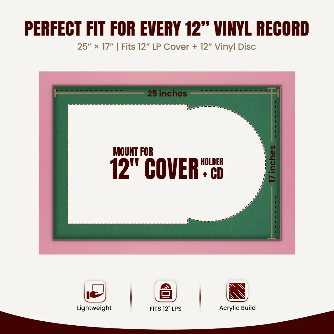 25x17" Modern Pastel Pink Vinyl Record Frame For LP Cover & Disc With Emerald (Green) Mount | Overlapped Display thumbnail 3