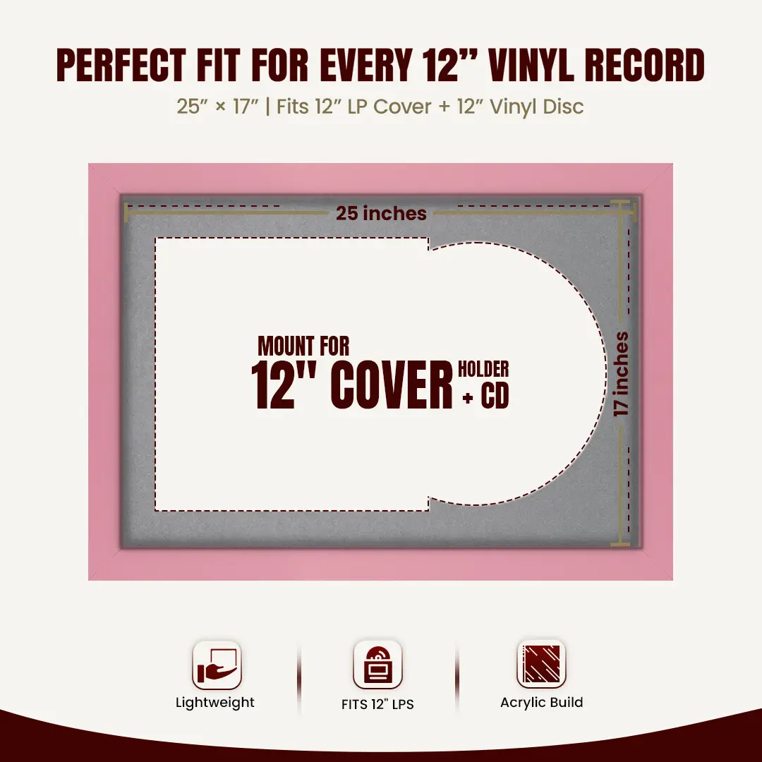 25x17" Modern Pastel Pink Vinyl Record Frame For LP Cover & Disc With Mid Grey Mount | Overlapped Display thumbnail 3