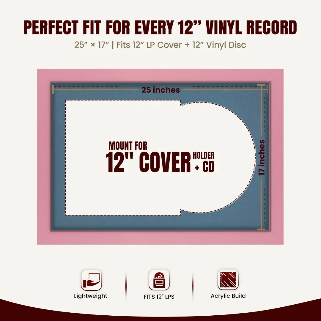 25x17" Modern Pastel Pink Vinyl Record Frame For LP Cover & Disc With Pompador Mount | Overlapped Display thumbnail 3