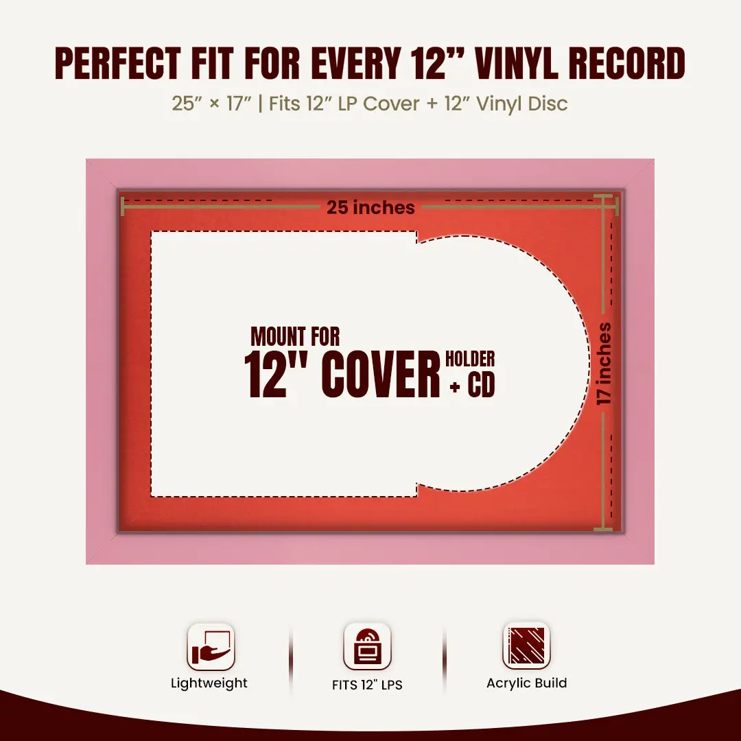 25x17" Modern Pastel Pink Vinyl Record Frame For LP Cover & Disc With Poppy Red Mount | Overlapped Display thumbnail 3