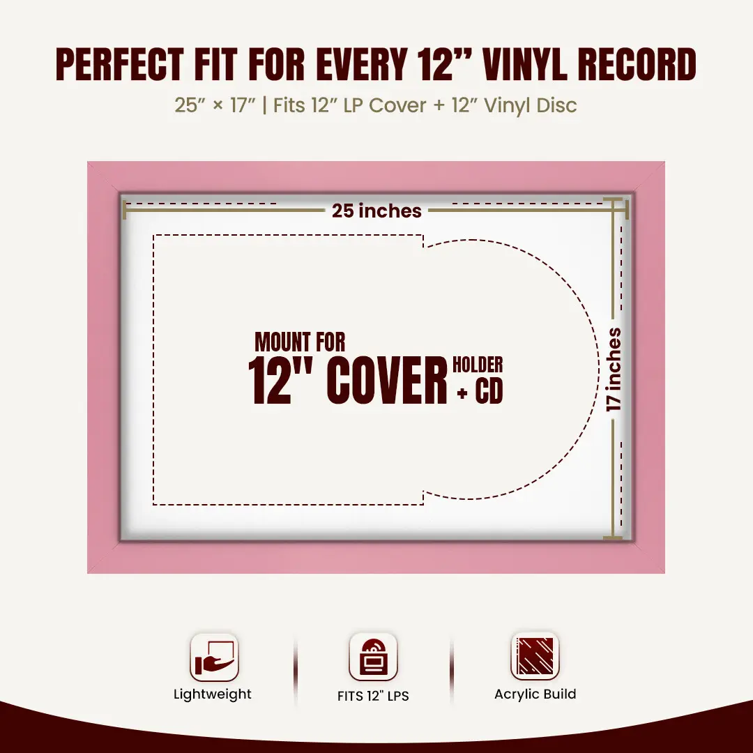 25x17" Modern Pastel Pink Vinyl Record Frame For LP Cover & Disc With Ice White Mount | Overlapped Display thumbnail 3