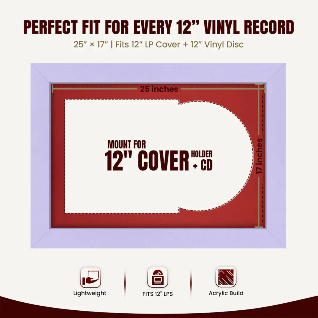 25x17" Modern Purple Vinyl Record Frame For LP Cover & Disc With Crimson Mount | Overlapped Display thumbnail 3