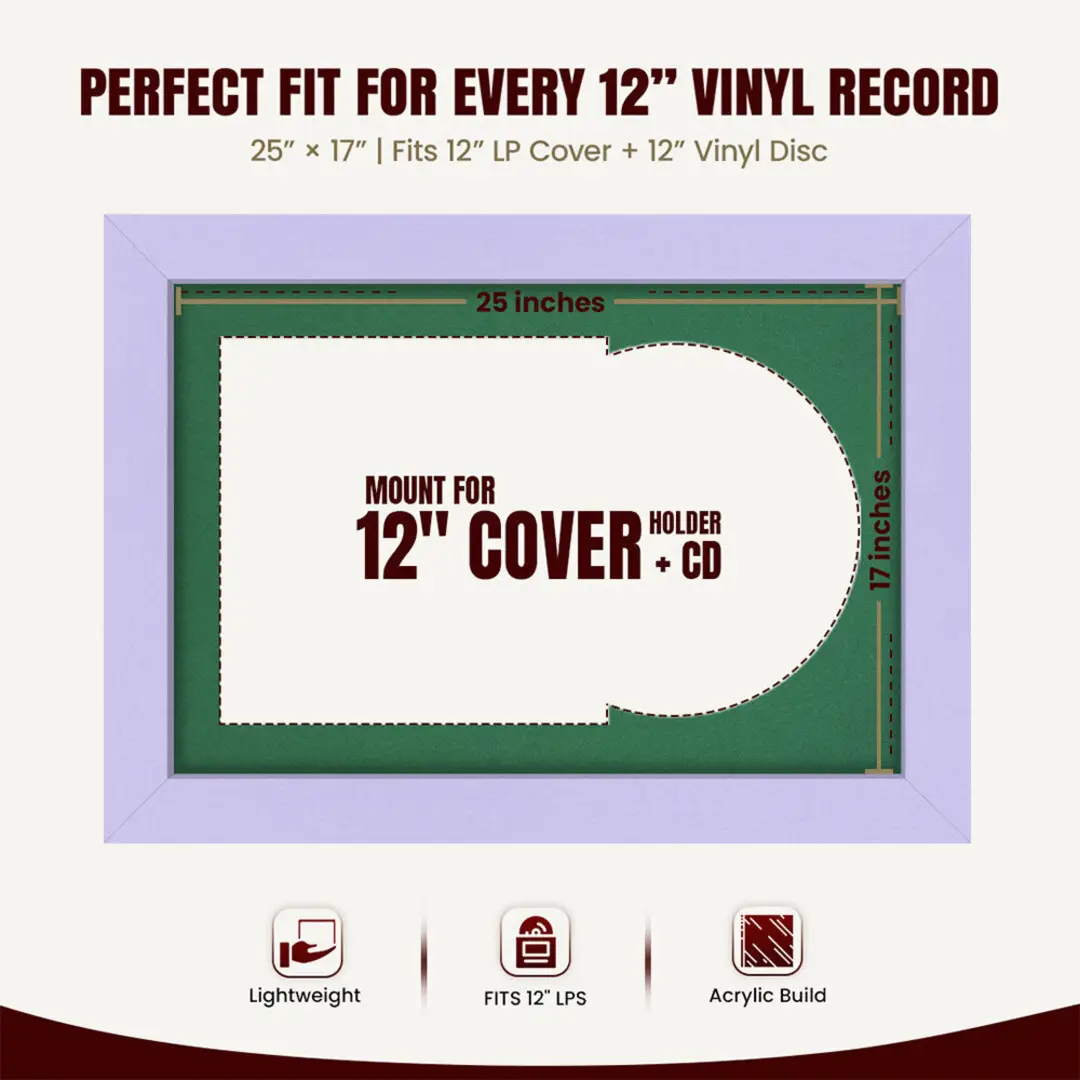 25x17" Modern Purple Vinyl Record Frame For 12 Inch LP Cover & Disc (Overlapped) With Emerald (Green) Mount | Elegant Music Display thumbnail 3