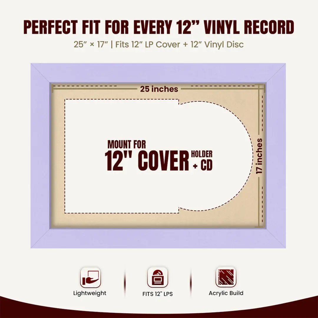 25x17" Modern Purple Vinyl Record Frame For 12 Inch LP Cover & Disc (Overlapped) With Ivory Mount | Elegant Music Display thumbnail 3