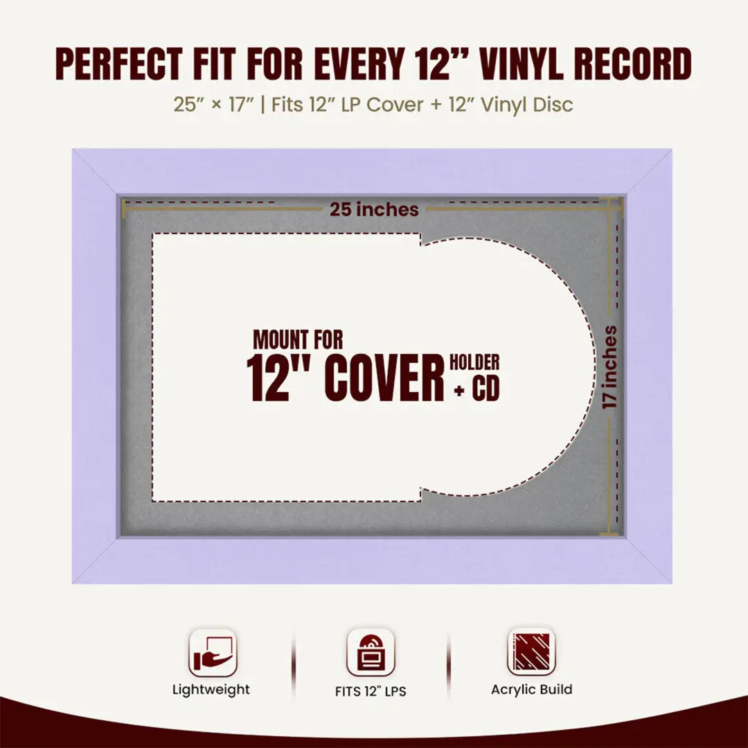 25x17" Modern Purple Vinyl Record Frame For 12 Inch LP Cover & Disc (Overlapped) With Mid Grey Mount | Elegant Music Display thumbnail 3