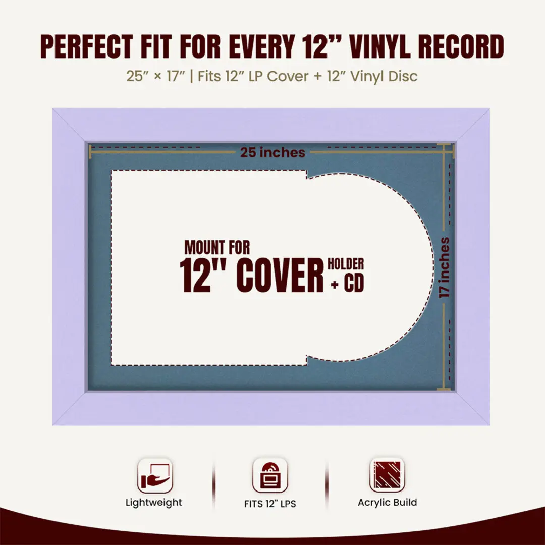 25x17" Modern Purple Vinyl Record Frame For 12 Inch LP Cover & Disc (Overlapped) With Pompador Mount | Elegant Music Display thumbnail 3