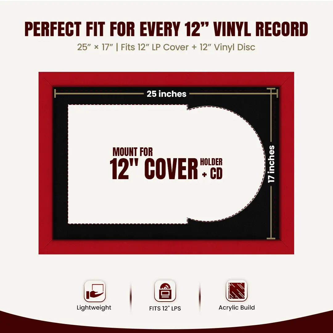 25x17" Modern Vinyl Record Frame For LP Cover & Disc With Poppy Red Mount | Overlapped Display thumbnail 3