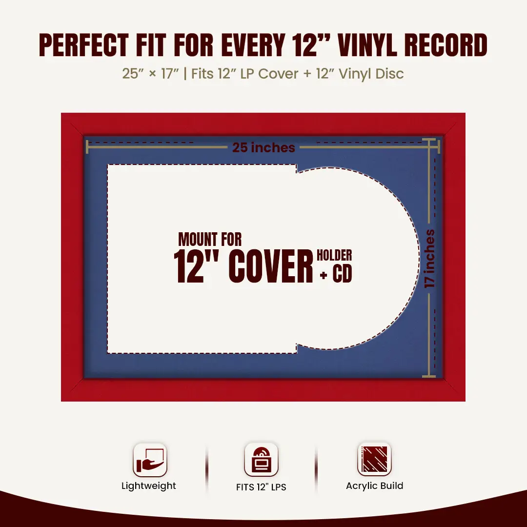 25x17" Modern Red Vinyl Record Frame For 12 Inch LP Cover & Disc (Overlapped) With Blue Mount | Elegant Music Display thumbnail 3