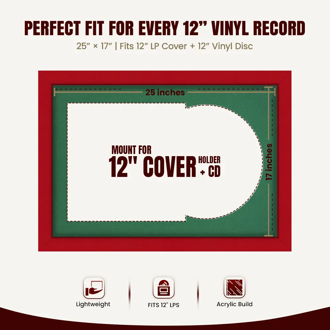 25x17" Modern Red Vinyl Record Frame For 12 Inch LP Cover & Disc (Overlapped) With Emerald (Green) Mount | Elegant Music Display thumbnail 3