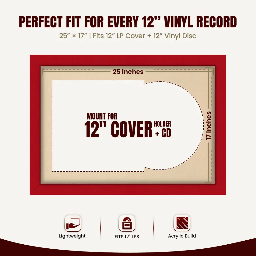 25x17" Modern Red Vinyl Record Frame For 12 Inch LP Cover & Disc With Ivory Mount | Overlapped Vinyl Display thumbnail 3